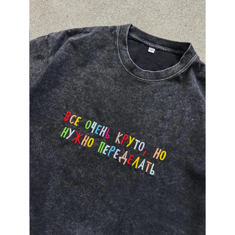 Женская хлопковая футболка в американском стиле с вышивкой и эффектом потертости XXL