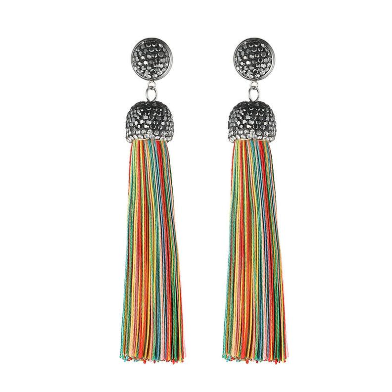 

New Handmade Long Tassel Earrings For Women Black Red Pink White Blue Silk Fringe Bohemian Crystal Drop Wedding Earrings Zircon різнокольоровий