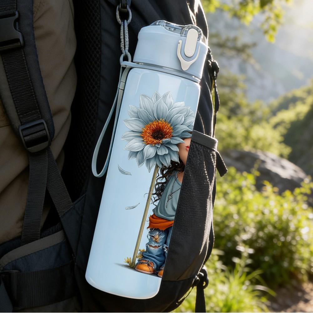 1PC Girl Hugging Big Sunflower Flower Print 750ml Color Plastic Sports Water Bottle Leakproof Flip Straw Lid Suitable for Sports Office Home Use