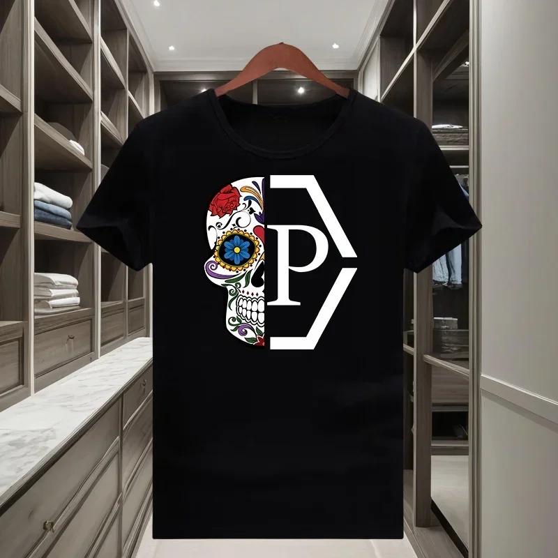 The 2025 Summer Men's Classic and Trendy Brand Semi-skull Print Loose Short-sleeved T-shirt with a Round Neck Y2k Top