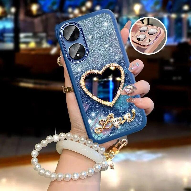 Luxusní perlové pouzdro na náramek pro OPPO A58 Realme 11 4G Reno11 7 10 Pro 7Z 8 Lite 5G A12 A5S Mirror Cover Lesklý třpytivý obal