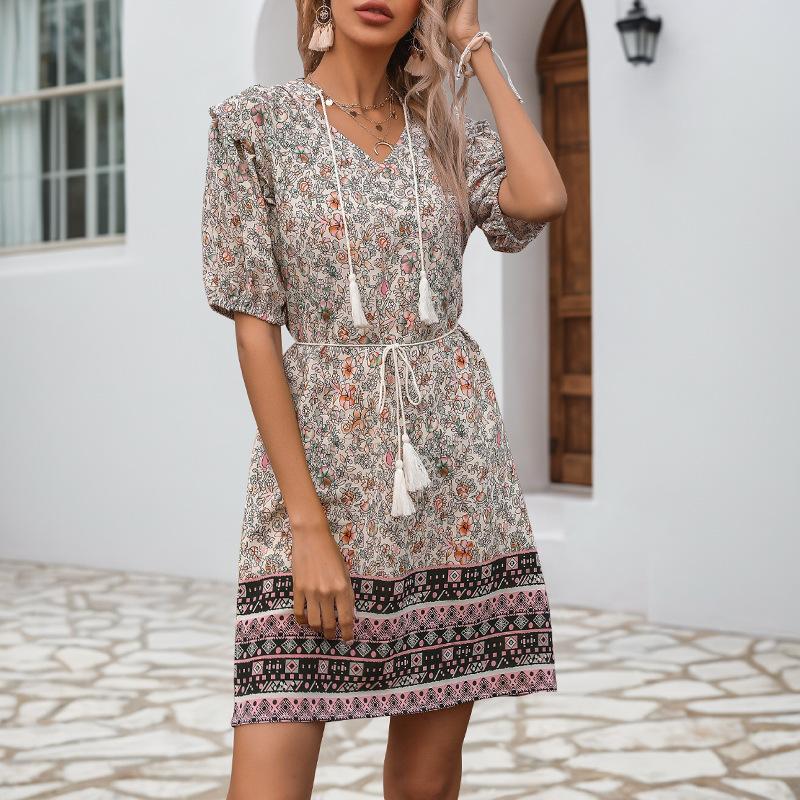 Summer new European and American floral fringed lace-up skirt temu bohemian dress S