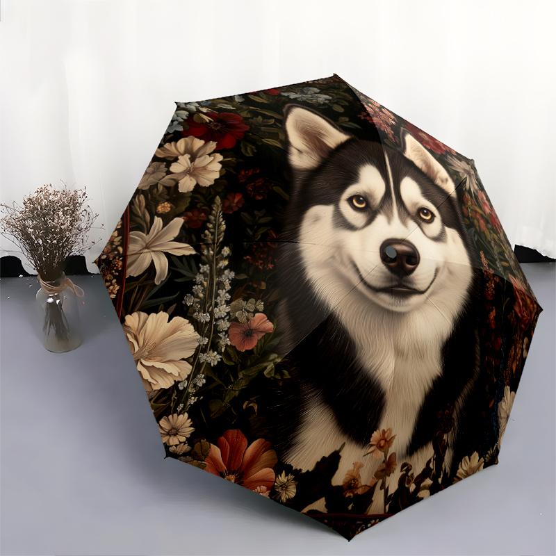 Husky pattern, automatic folding umbrella, portable and foldable design, 8 ribs, a Christmas or birthday gift.