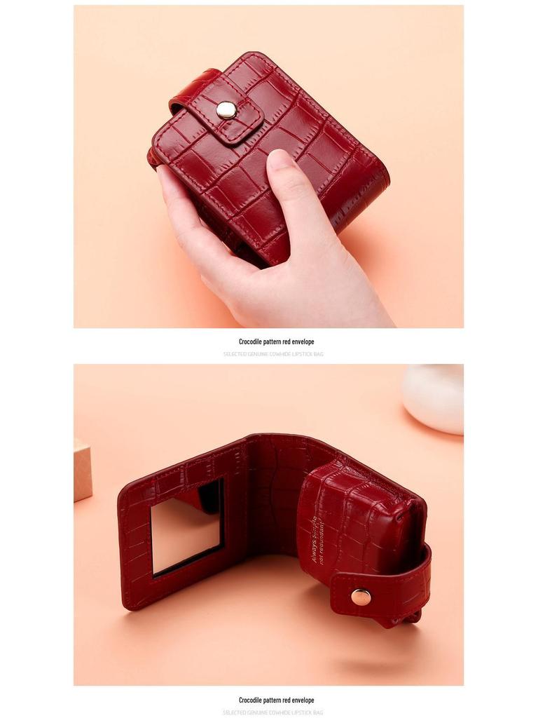 Crocodile Pattern Portable Cowhide Makeup & Coin Pouch with Mirror