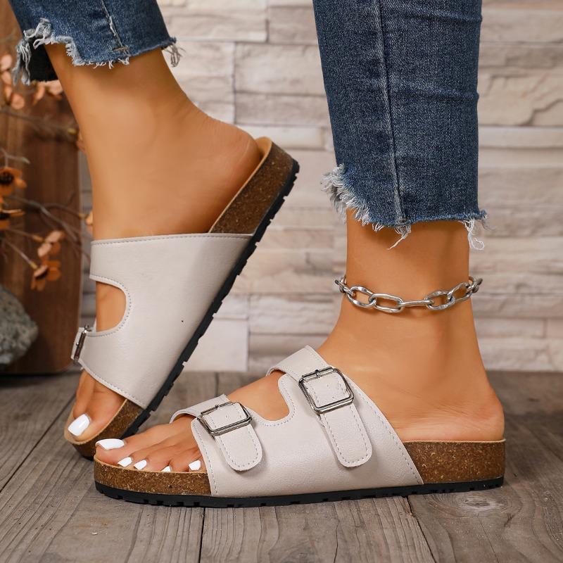 Flat Slippers Autumn New Round Head Open Toe Metal Buckle Thick Bottom Non-slip Wear-resistant Flip Flops