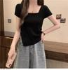 Summer new irregular square neck striped sweet and spicy style thin belly cover short-sleeved T-shirt knitted sweater top women