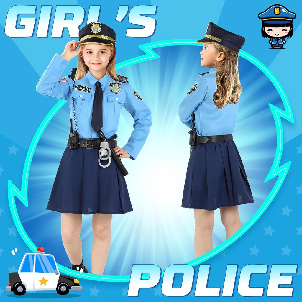 Police Costume for Girls, Police Officer Costume for Kids, Halloween Cop Costumes for Kids Girl Toddler 3-12