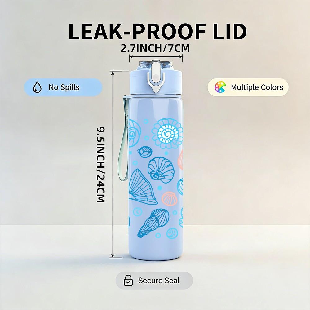 1PC Seashell Ocean Wave Pattern 750ml Color Plastic Sports Water Bottle Leakproof Flip Straw Lid Suitable for Sports Office Home Use