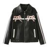 Faux Leather Coat with Butterfly Print and Stylish Street Casual Cold Weather and Black [cnstone] Women's Jacket, Loose-Fit Zipper, Outerwear,