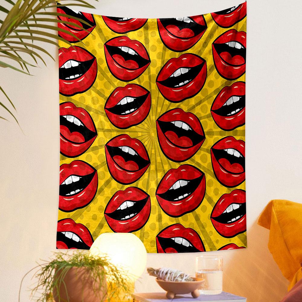 "Pop Art Red Lips on Yellow Pattern" Patterned tapestry home decor, suitable for bedroom and living room, gift