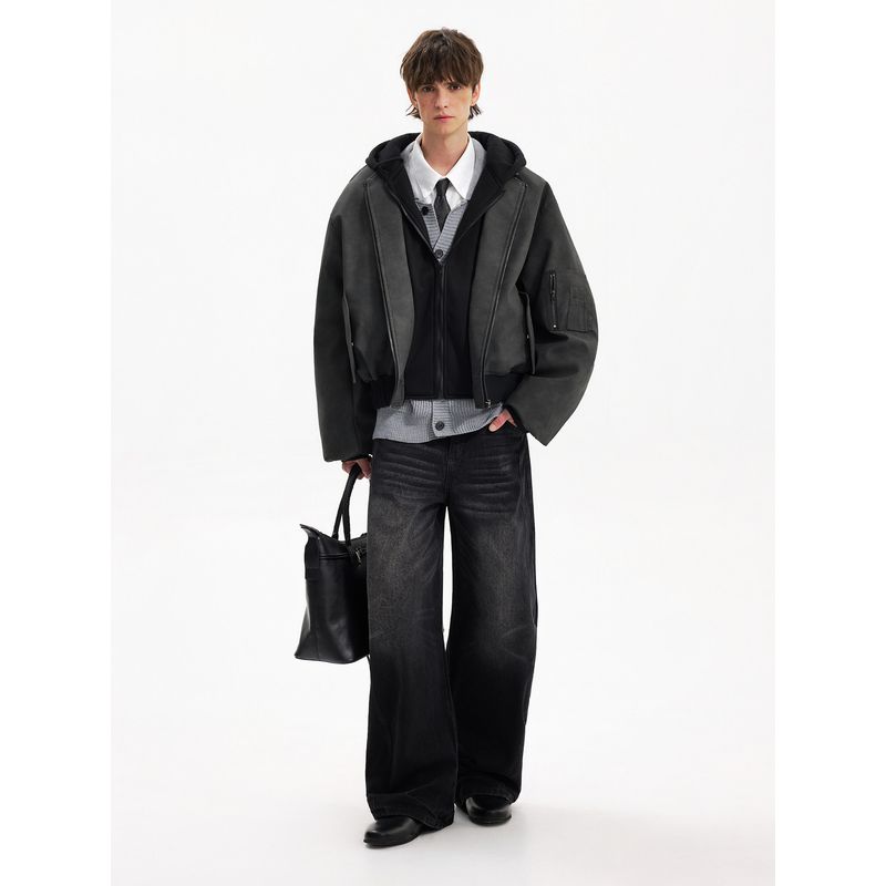 Blaexit Suede Silhouette Faux Two-Piece Quilted Jacket Men's Bomber Cotton Jacket American Style Pilot Jacket Cotton Coat