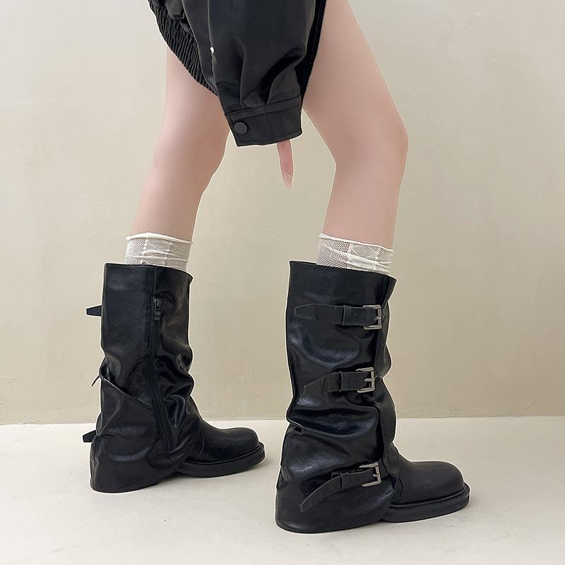 Thick-soled Washed Leather Trousers Martin Boots Women's 2025 New Belt Buckle Medium Tube Stack Boots Retro Western Cowboy Boots
