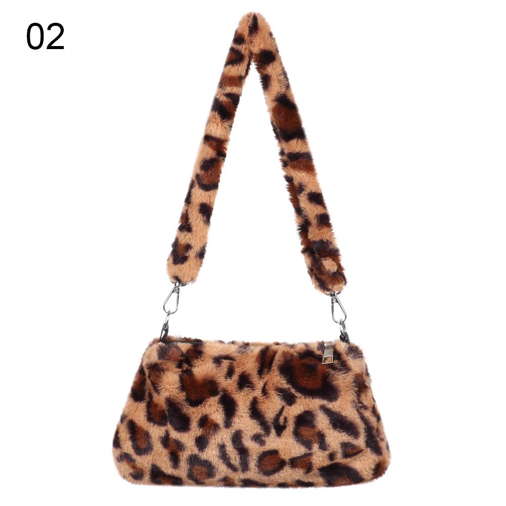 Women Leopard Print Plush Shoulder Bag Fashion Casual Underarm Crossbody Messenger Purse