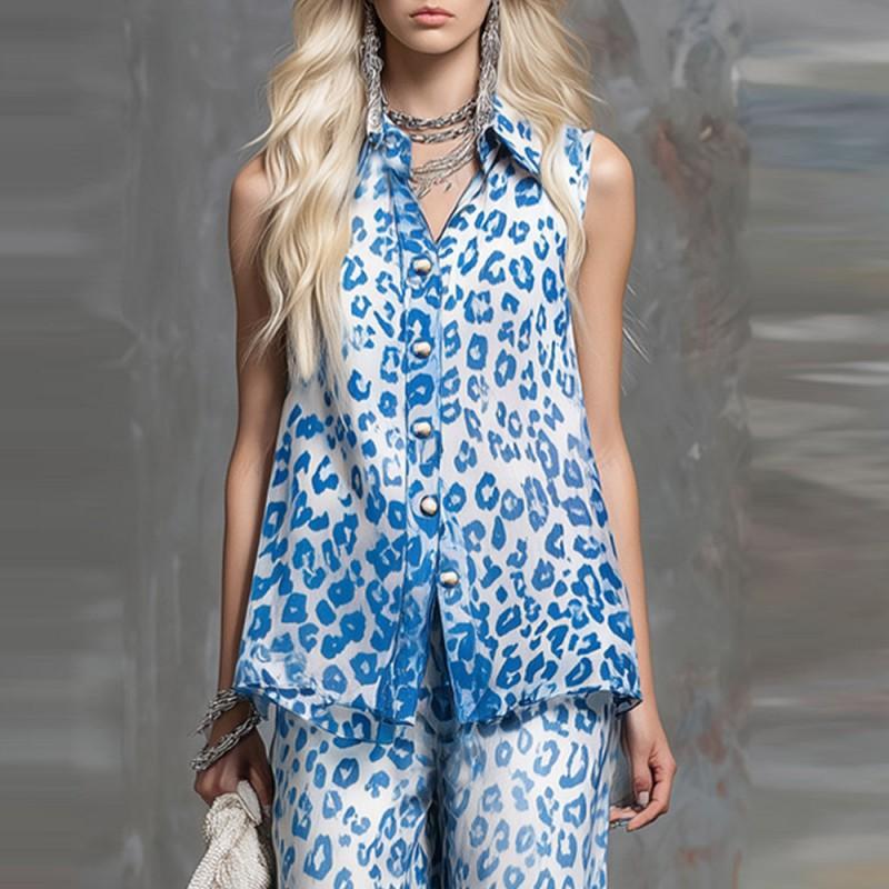 Stylish Two-piece TK Loose Leopard-print Sleeveless Shirt Trousers Set