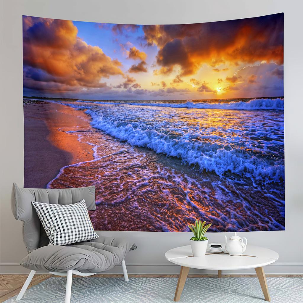 Sunset Beach Tapestry Ocean Waves Tapestry Golden Sky Tapestry Home Living Room Bedroom Dorm Wall Hanging Decorative Blanket