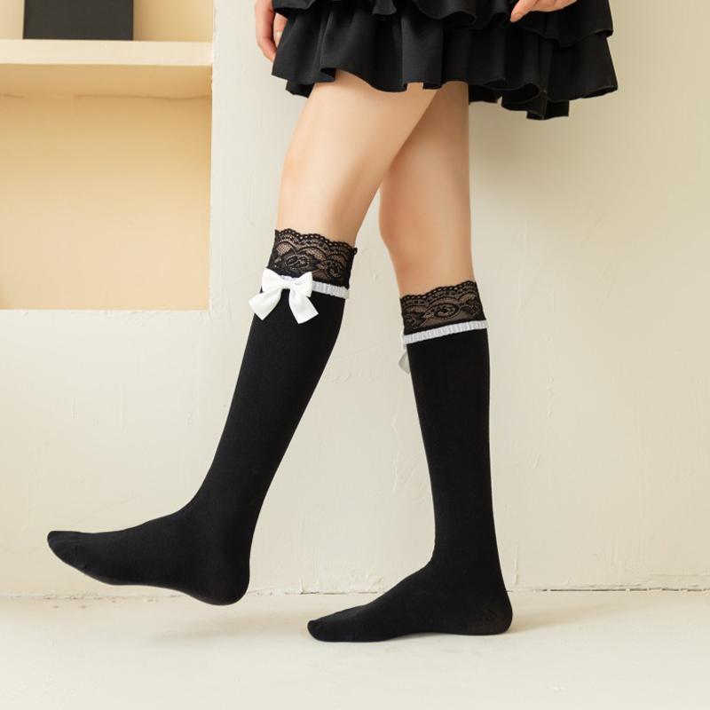 Sweet Lace Patchwork Calf Socks Lolita Bow White Cutewomen Mid-Tube Socks