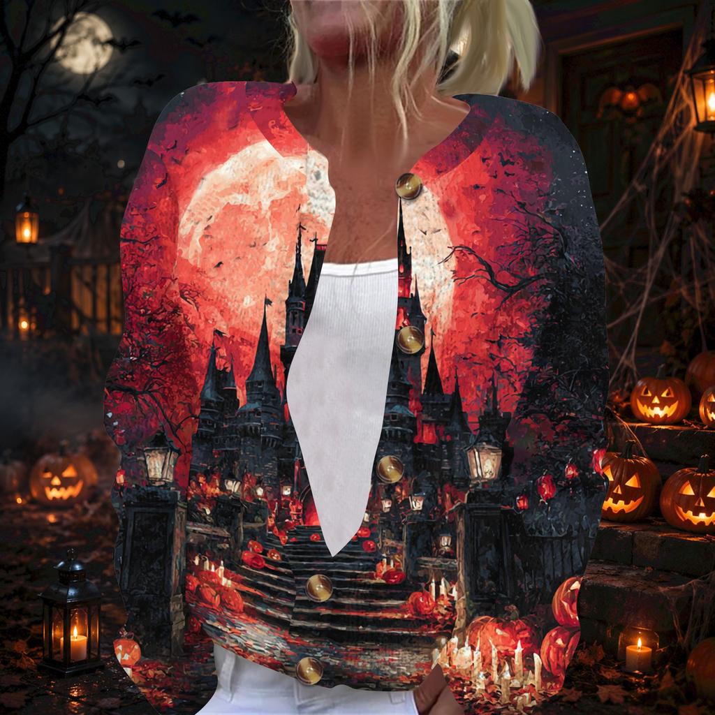 Women's Long Sleeve Cardigan with Halloween Print Button Front for Party Outwear