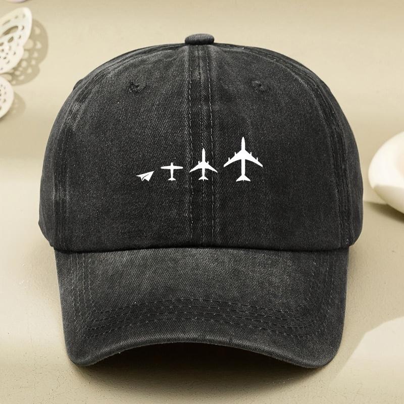Retro airplane print washed baseball cap adjustable for both men and women, breathable black casual outdoor activity sun hat