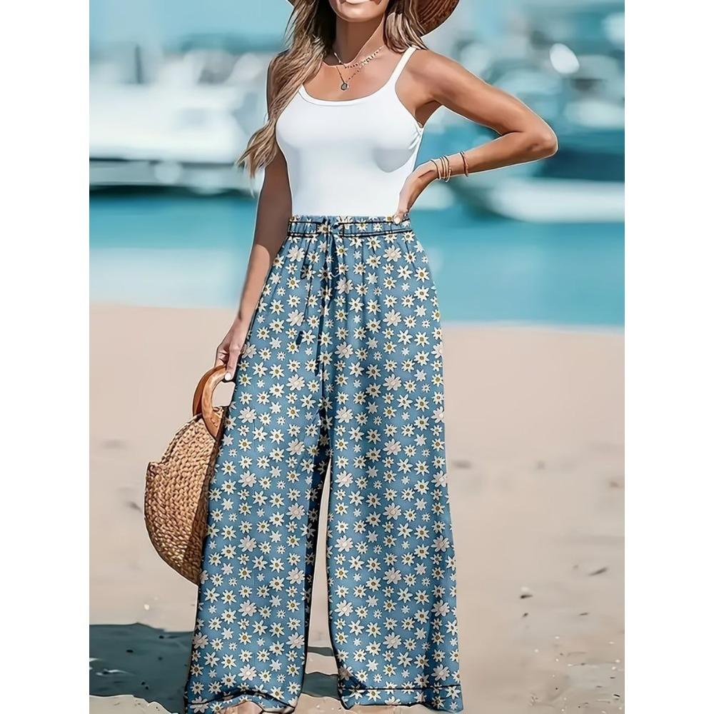 Summer Women's Fashion Floral Print Long Wide Leg Pants Elastic Waist Haren Pants Casual Pants Haren Pants