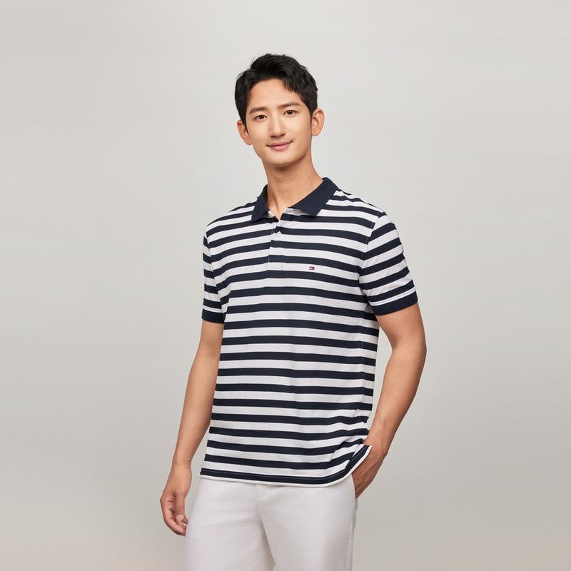 Tommy Hilfiger Cotton Striped Embroidered Logo Short Sleeve Polo Shirt Men tops Black White XM0XM023550A4