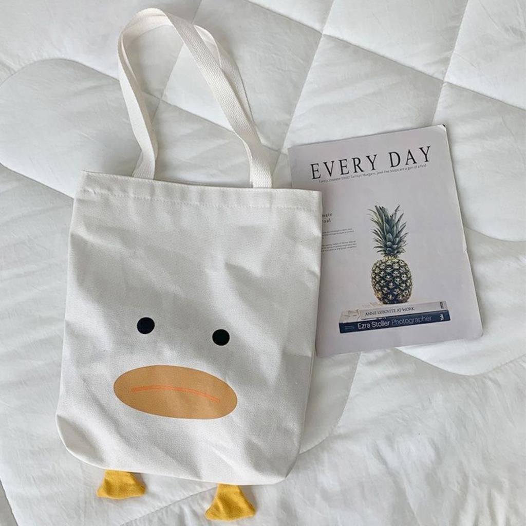 Canvas Tote Bag for Women Large Capacity Shoulder Bag Crossbody Bag Casual Handheld Backpack Multipurpose Student Bag with Duck Face Print