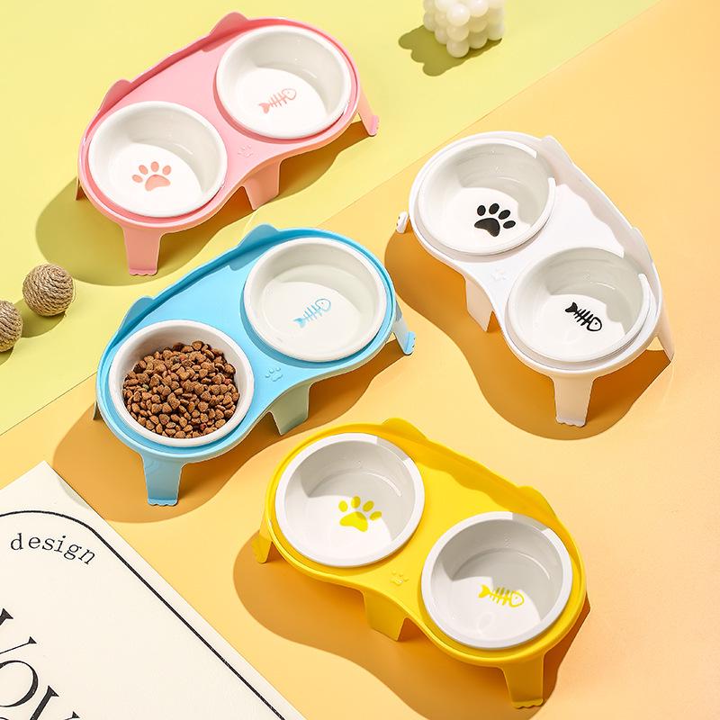 Ceramic Cat Food & Water Bowl with Slanted Design - Protects Cervical Spine, Anti-Tipping, Double Bowl for Feeding & Drinking
