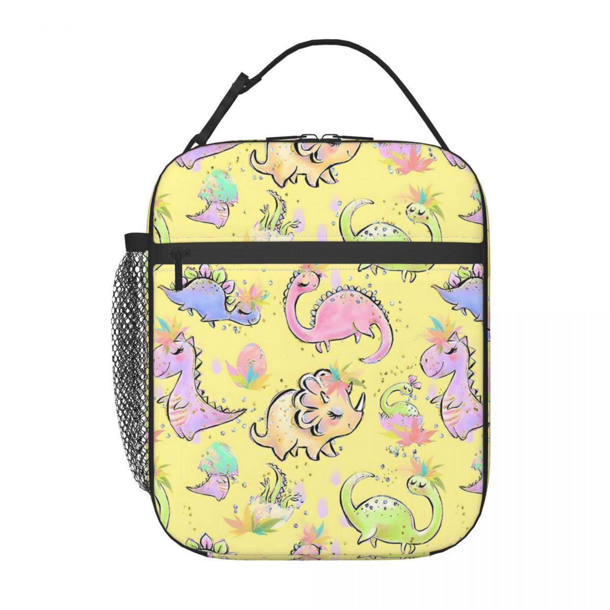 

Cartoon Cute Dinosaur In Pink Background Insulated Lunch Bag for Women Children Portable Food Boxes Thermal Lunch Box Tote One Size