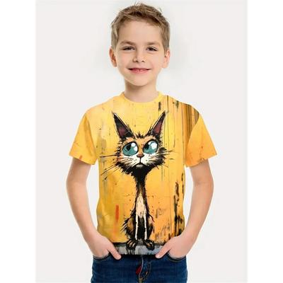 Dessin Animé Chat Enfants Garçons Vêtements T-shirt Imprimé Chat 3d Manches Courtes Vêtements pour Enfants T-shirt Tendance pour Garçons Haut T-shirt Été