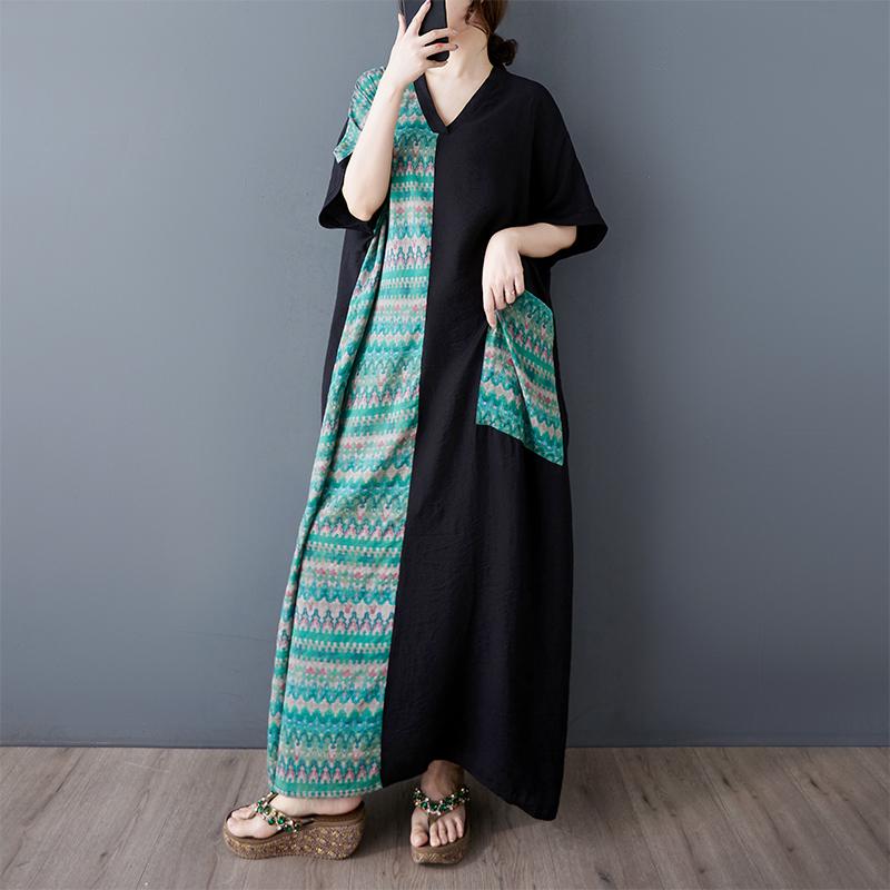 Dimanaf 2025 Women New Summer Plus Size Dress Loose Bohemian Printing Pocket Basic Casual Long Dress Oversized