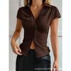 Summer Short Sleeved Slim Fit Sexy Women Shirt Buttons Solid Color Top 2026 Fashion Elegant Solid Color Simple Lapel Blouse Pleated Clothing
