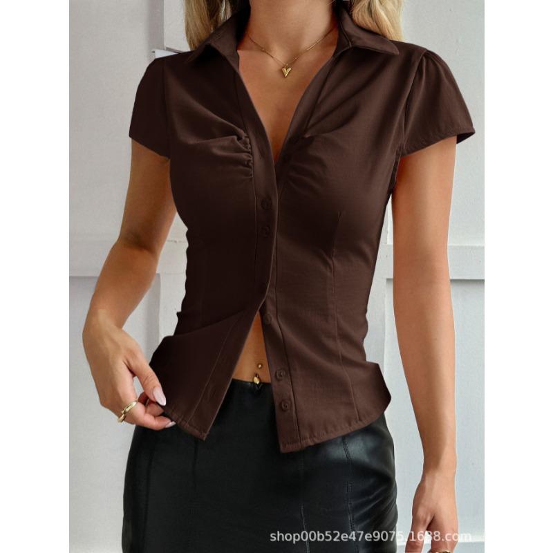 Summer Short Sleeved Slim Fit Sexy Women Shirt Buttons Solid Color Top 2026 Fashion Elegant Solid Color Simple Lapel Blouse Pleated Clothing