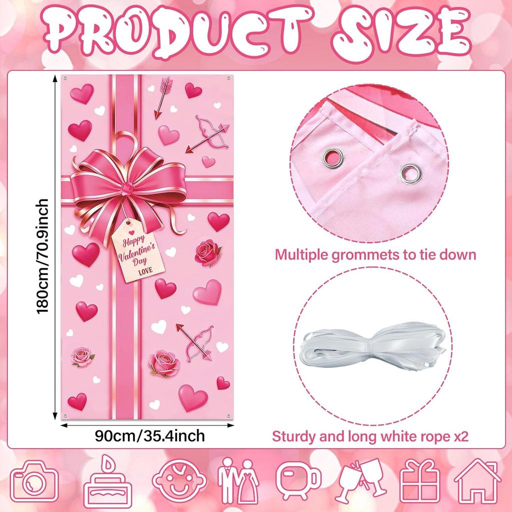 Happy Valentine's Day Door Cover Decoration Pink Bow Gift Box Door Banner Valentines Day Love Heart Hanging Banner Valentine Present Backdrop for