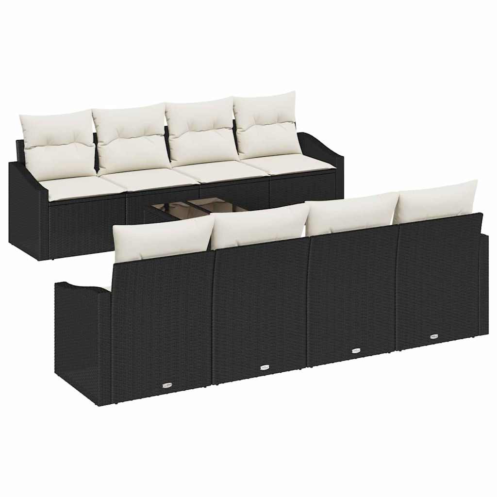 9 Piece Sofa Set with Cushions in Black and Cream Poly Rattan