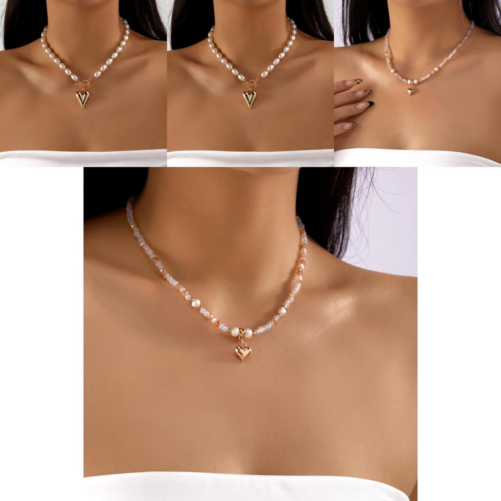 Heart Theme Layered Necklace With Crystal And Pearl For Summer Beach Outfits