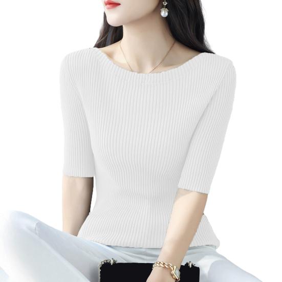 Dámské topy Slim Fit Jednobarevné Žebrované Tričko Kulatý Výstřih Poloviční Rukáv Elastický Pulovr Topy Pro Každodenní Nošení