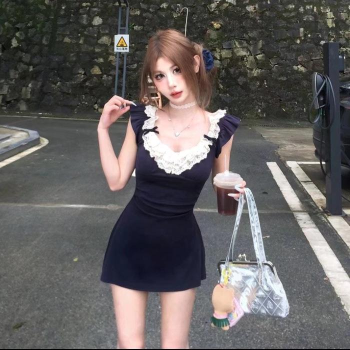 

Spice Girl Feifei Sleeve Dress Women s Summer Lace Splicing Design Sense Celebrity Pure Desire Wind Waist A-shaped Skirt 2XL Темно-синій