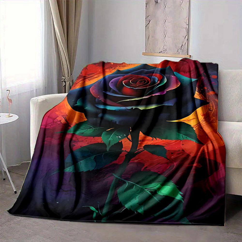 1pc Rainbow Rose Print Blanket - Lightweight Flannel Throw Blanket For Sofa, Bed, Living Room, Office, Outdoor Travel, Camping, Soft All-Season092