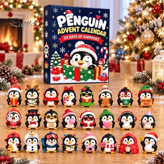 Festive Desk Decor 2026 Animal Advent Calendar with 24 Penguin Figures, Christmas Countdown Set Holiday Toys for Kids Adults, Decorative Theme