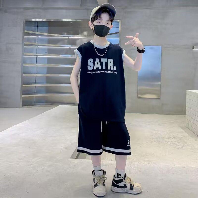 Traje sin mangas para niños Niños medianos y mayores Verano Chaleco de verano para niños Pantalones cortos de cinco puntos guapos Conjunto de dos piezas