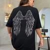 Black T-shirt with Angel Wings and "love" Design Casual Round Neck Summer Men's and Women's Loose and Breathable T-shirt Top