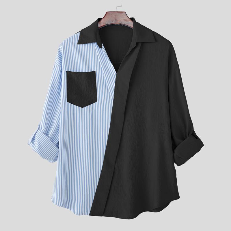 INCERUN Oversized Men Lapel Neck Long Sleeve Striped Patchwork Casual Shirts Tops 