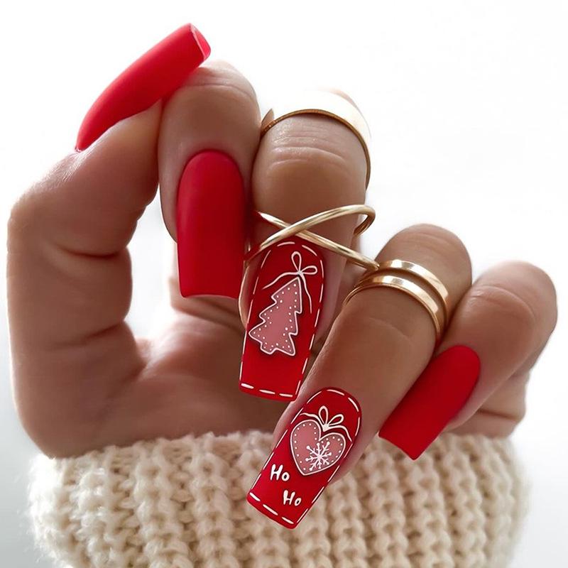 

New Christmas Style Red Matte Wearable Fake Nails - Nail Art Patches Tips