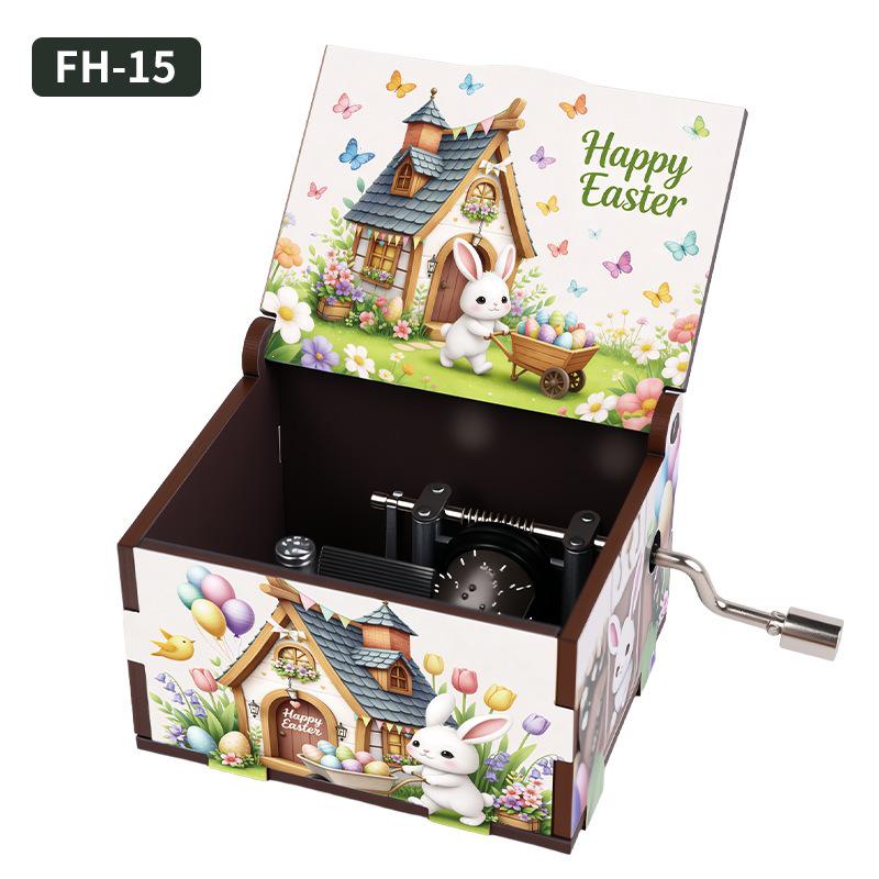 Easter Series Six-Sided Painted Hand-Crank Music Box - Anime Desktop Ornament Gift for Friends.