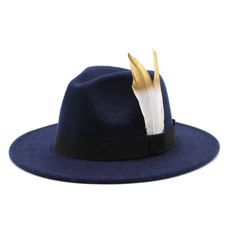 Trendy Wide-Brimmed Hat Woolen Top Hat Versatile Feather Flat Edge Jazz Hat British Style
