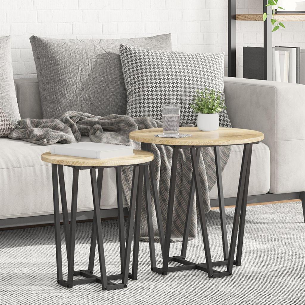 2-Piece round side table set, wooden coffee tables with metal frames, living room decoration table set