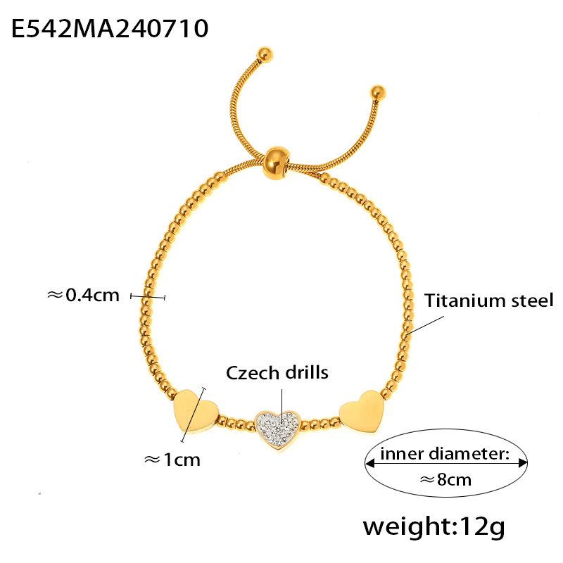 Heart-Shaped Rhinestone Bead Bracelet: Elegant 18K Gold-Plated Titanium Steel with Pull-String Design