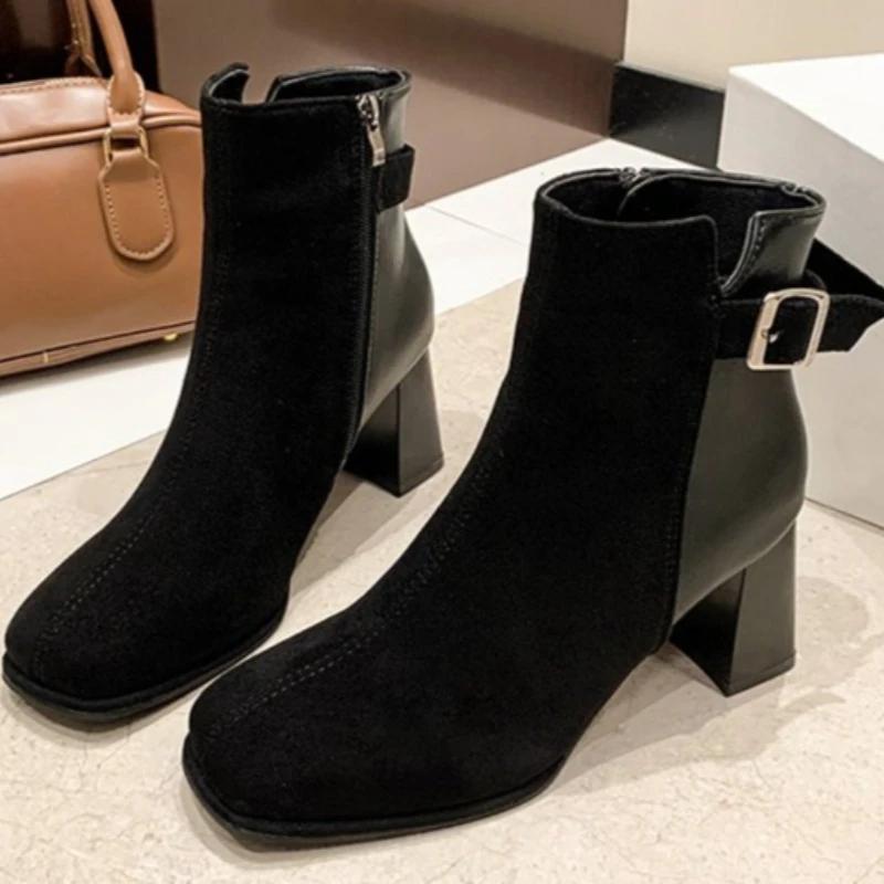 Fashion Winter New Thick Heel Cotton Boots Women's Fashion Square Head Suede Splicing Side Zipper Metal Buckle Non-slip Short Boots
