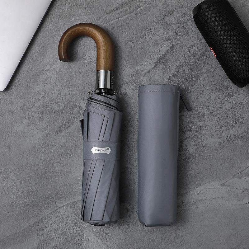 

PARACHASE Men s Black Curved Handle Automatic Umbrella - Windproof, UV Protection, Sun & Rain, Ten Ribs, Three-Fold Design серый