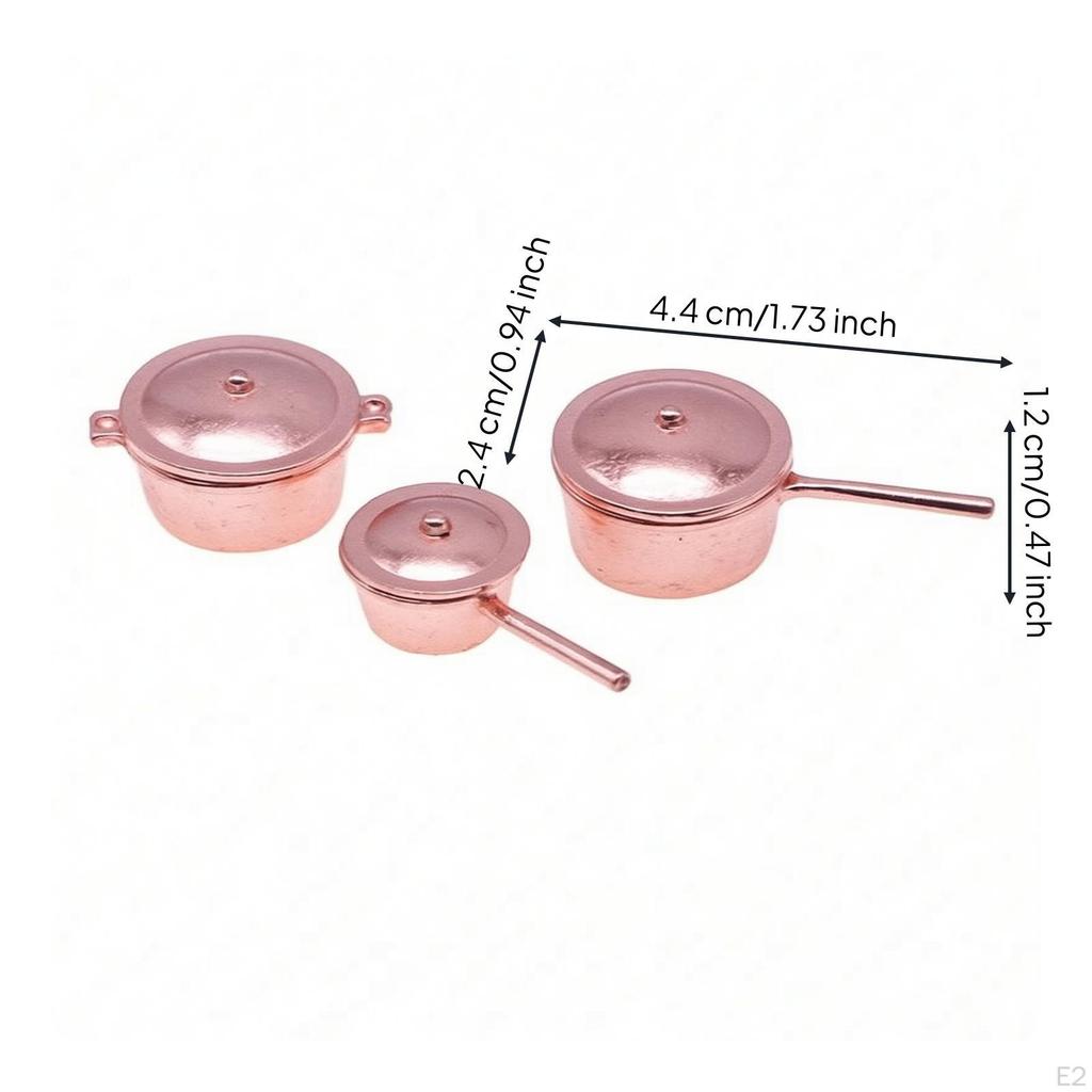 3 Pieces Copper-Toned Miniature Cookware Set Realistic for Craft Enthusiasts