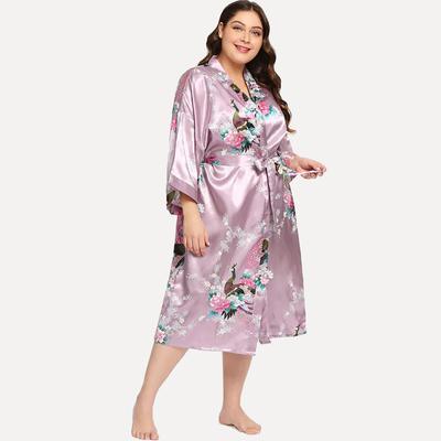 Women's Spring/Summer Fashion Peacock Imitation Silk Nightgown and Pajama Mid-Sleeve Bathrobe Large Home Furnishing Pajamas